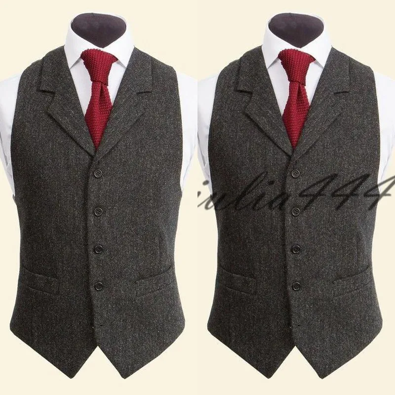 2019 Brytyjski styl szary wełniany pana młodego kamizelki Slim Fit Notch Lapel Pojedyncze breaded bez rękawów Kamizelka Kamizelka Vintage Kamizelka