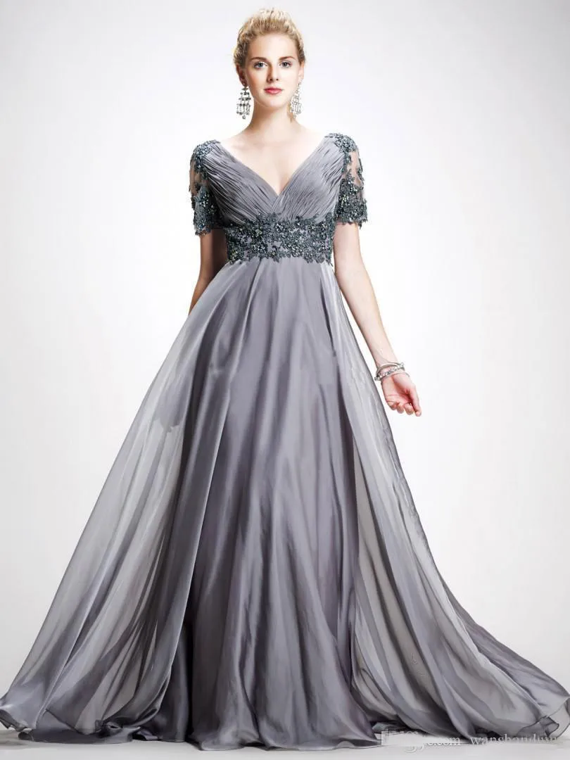 chinese dress ladies Gray Mother of The Bride Dresses Sheath/Column V-Neck 3/4 Sleeve Long Mother of The Bride Dress