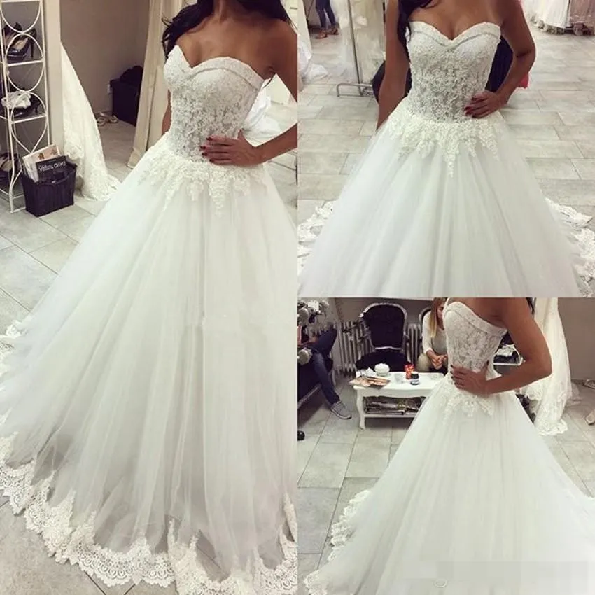 Sweetheart Custom Made Neckline A Line Dresses Strapless Applique Sweep Train Lace Up Back Wedding Bridal Party Gowns Pplique