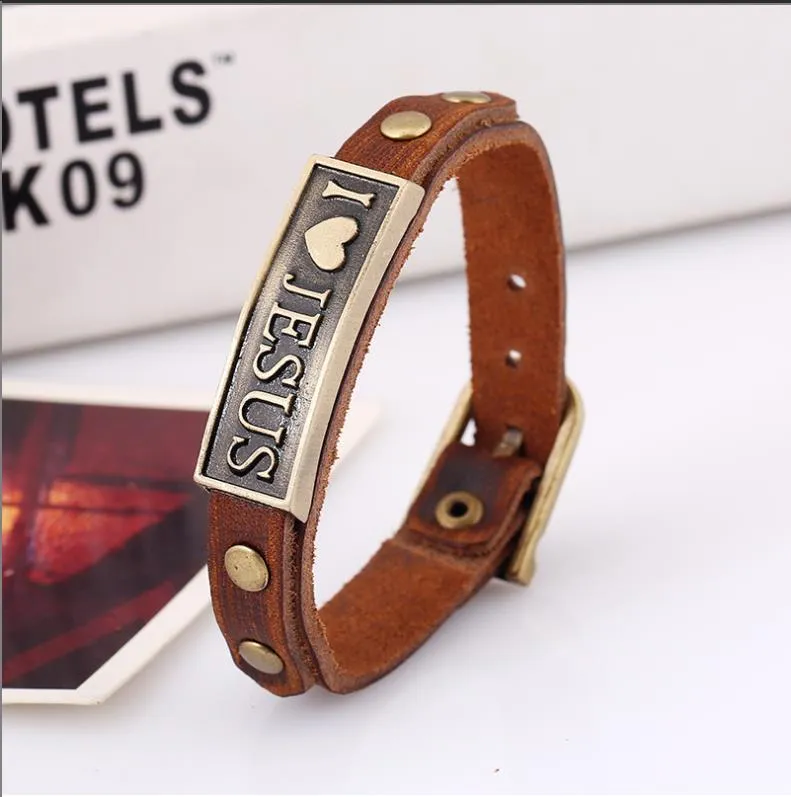 Retro eu amo jesus pulseira homens multi-camadas de couro genuíno fecho de metal steampunk bangle jóias