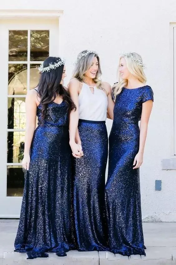 Sparkly Navy Blue Bridesmaid Dresses Elegant A Line Sequins Beach Wedding Guest Gowns