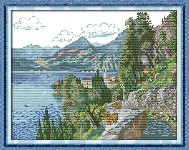 Beau bord de mer avec peinture de décor de lac et de colline, ensembles de broderie au point de croix faits à la main, impression comptée sur toile DMC 14CT / 11CT