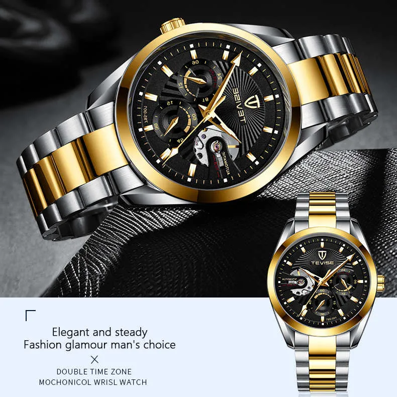 TEVISE Mens Automatic Mechanical Watch Stainless Steel Chronograph
