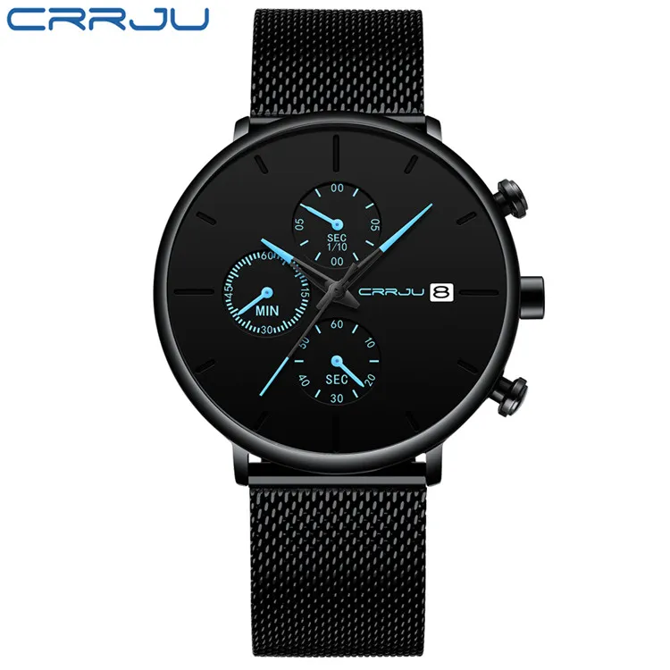 Mens Women Stopwatches Crrju unik design Luxury Sport Wrist Watch rostfritt stål Mesh remmar Herrmode Datumklockor