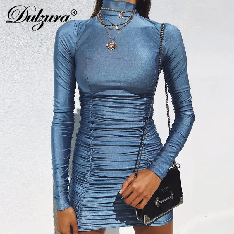 Dulzura المرأة مثير bodycon البسيطة اللباس 2018 الخريف الشتاء الملابس طويلة الأكمام الرقبة عالية الساخر حزب فساتين