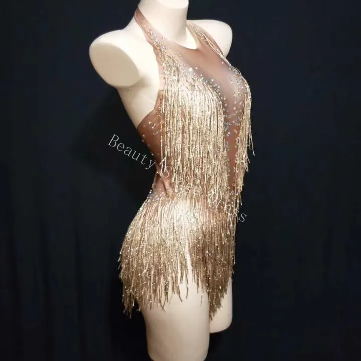 Sparkly Gold Tassel Bodysuit Rhinestones 복장 Glisten Beads Costume 원피스 댄스웨어 가수 무대 레오타드 헤드 드레스 롬 퍼 1858