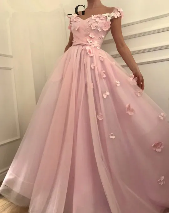 Rosa Muslim-Abendabschlussball-Kleider 2019 A-line V-Ansatz Kappen-Hülsen-Perlen Blumen Bogen Islamisches Dubai Saudi-arabisches lange formales Abendkleid