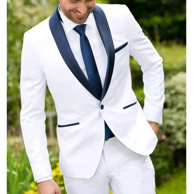 Classic White Wedding Smoking Dois Peça Groomsmen Mens Terno Marinho Shawl Lapel Feito Personalizado Homens de Negócios Ternos Traje de Baile Para Hombres (Casaco + Calças)