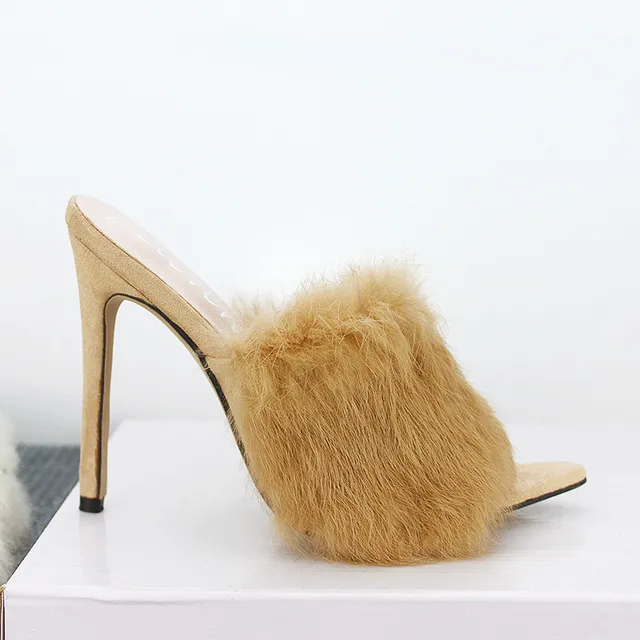 Designer-Ry Rabbit Fur High Heel Sandals Tofflor Utrikeshandel Stor Storlek Kvinnors Skor 41-43