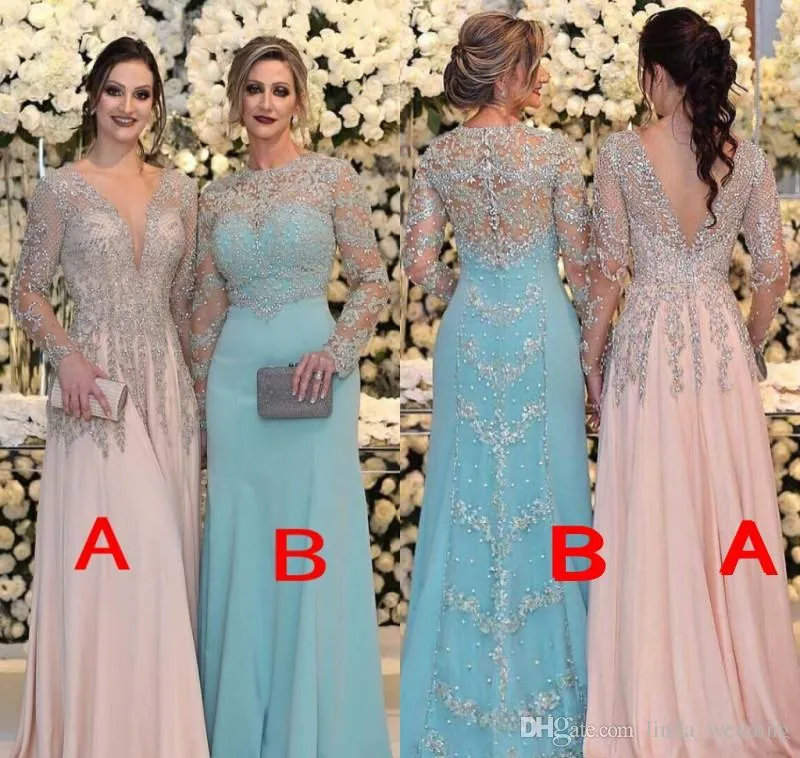 2019 Perlenbesetzte Kleider für die Brautmutter, Meerjungfrau, durchsichtig, lange Ärmel, formelles Kleid für Patin, Abend, Hochzeit, Party, Gäste, Übergröße, nach Maß