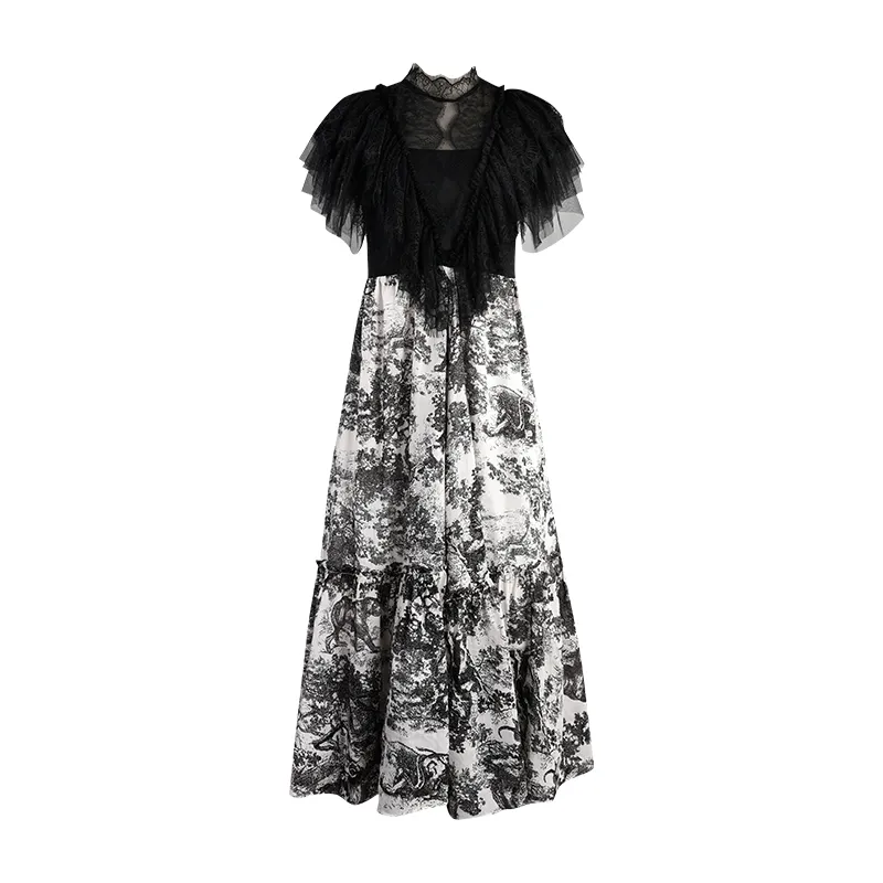 Fashion-Milan Pressway платье 2019 старинные черные кружевные оборками чернил животных печать длинные женские платья дизайнер Vestidos de Festa Yy-49