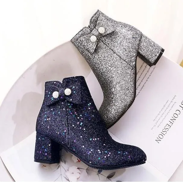 Klein Big Size 32 33 tot 42 43 44 45 Glitter Lovertjes Blauw Zilver Bowtie Chunky Hak Enkellaarzen Dames Winterschoenen