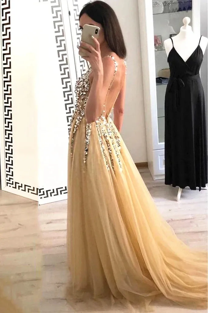 Robe de soirée en Tulle à perles magnifiques, Sexy, col en V, longue, formelle, pour femmes