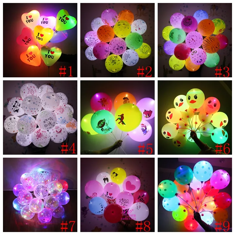 12 pulgadas LED Globo intermitente Dibujos animados Globos de iluminación luminosa Niños Globo de dibujos animados con lámpara Decoración del banquete de boda de Navidad 9 Estilos GGA2192