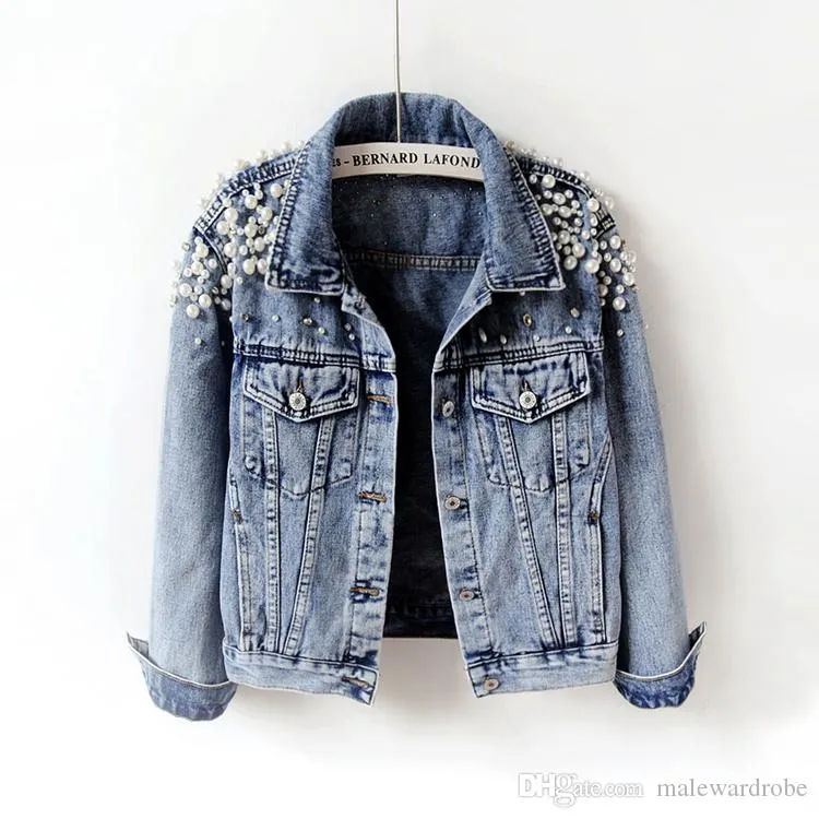 Women Denim Jacket Pearls Beading Fashion Jeans Coat Loose Long Sleeve Jackets Spring Autumn Women Basic Coats