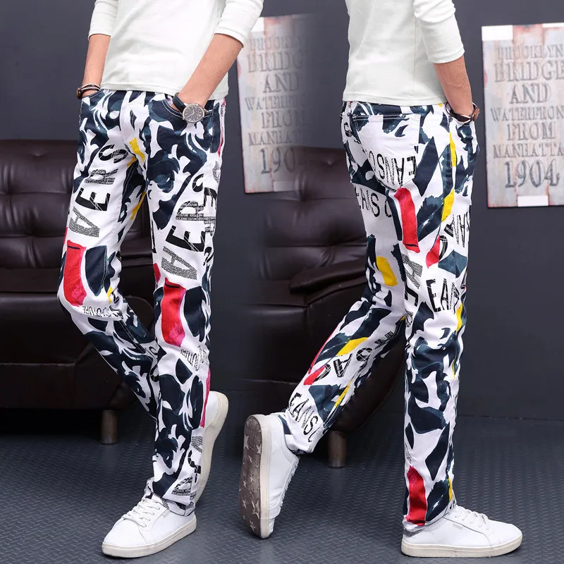 Men 3D print Hip Hop denim Pants New Fashion Brand man casual pants 3D Painted Jeans Colorful White Skinny cotton Blend long trousers