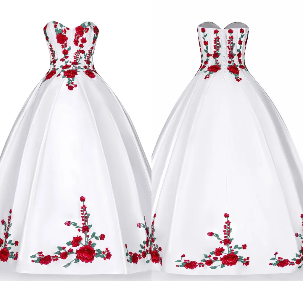 Embroidered White, Red, and Green Quinceanera 50s dress with Beaded Strapless Lace-up Satin - Perfect for Prom, Graduation, Evening Gowns, Formal Embroidered White, Red, and Green Quinceanera 50s dress with Beaded Strapless Lace-up Satin - Perfect for Prom, Graduation, Evening Gowns, Formal