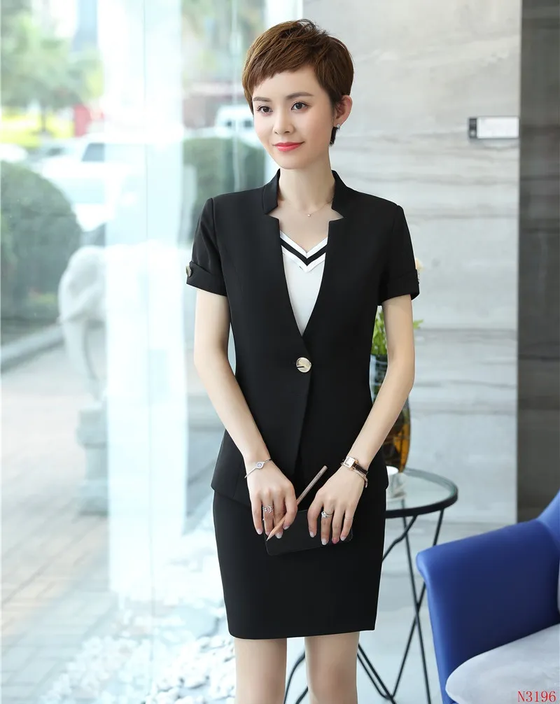 Lato Lato Black Blazer Kobiety Biznes Garnitury z Spódnicą i Kurtki Zestawy Work Wear Office Uniform Style