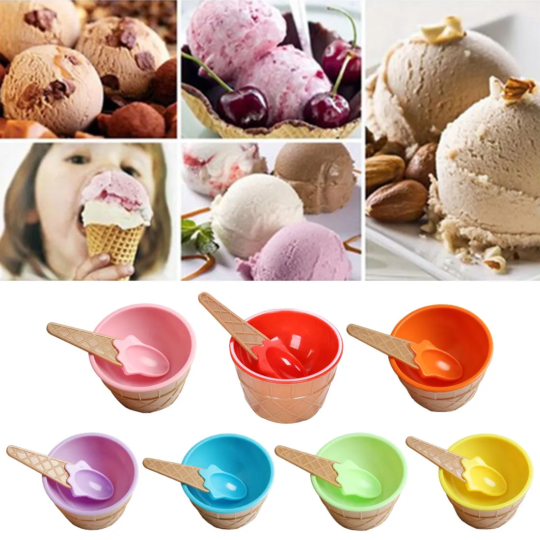 Hot Sale Plastic Ice Cream Bowls With Spoons Kids Cute Durable Dessert