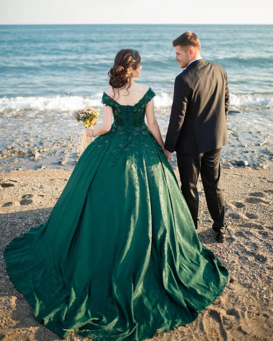 Buy One-shoulder Dress Ivory Lace Wedding Dress , Dark Green Tulle Wedding  Gown, Full Length Delicate Dress, Ball Gown Wedding Dress Online in India -  Etsy