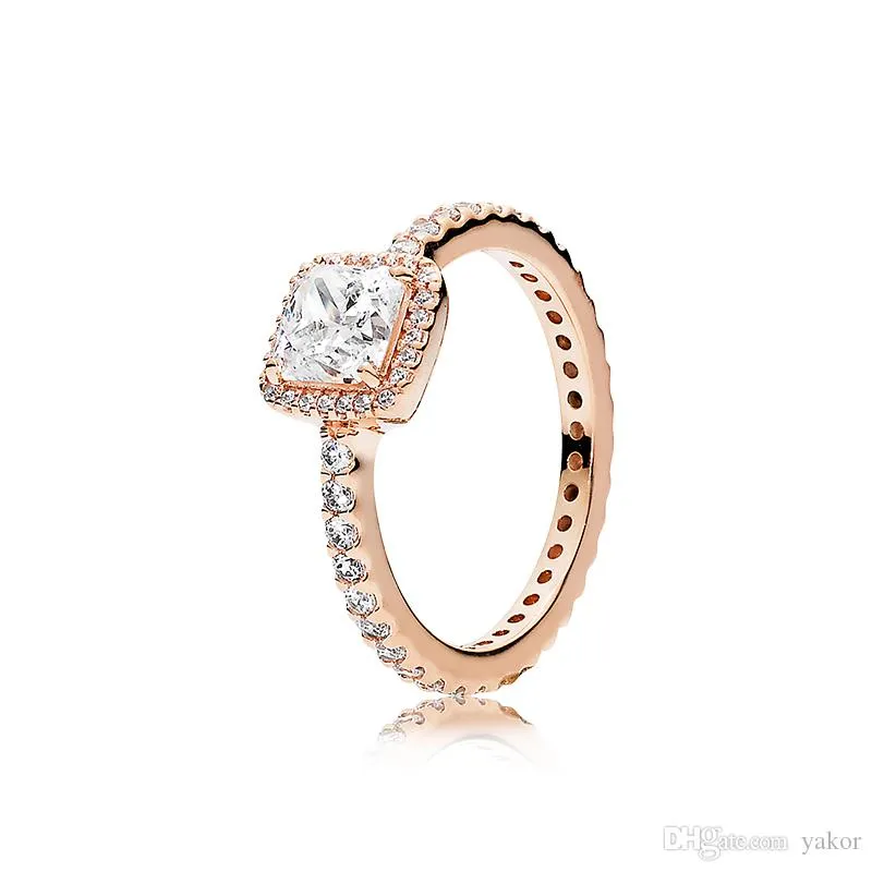 NUEVO 3 colores cuadrado CZ diamante piedra anillo de bodas original para Pandora 925 plata oro rosa oro amarillo plateado anillos conjunto para mujeres