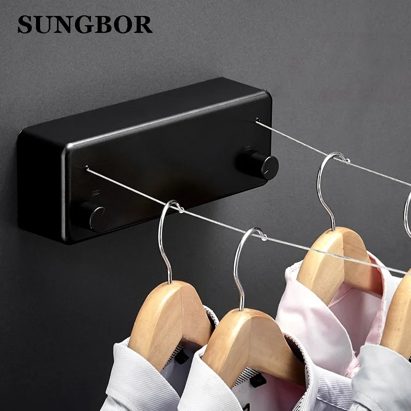 Space Aluminum Wall Hanger Retractable Indoor Clothes Hanger Magic Drying Cloth Cord Bathroom Accessories 4M Clothesline GJ-112 Y200108