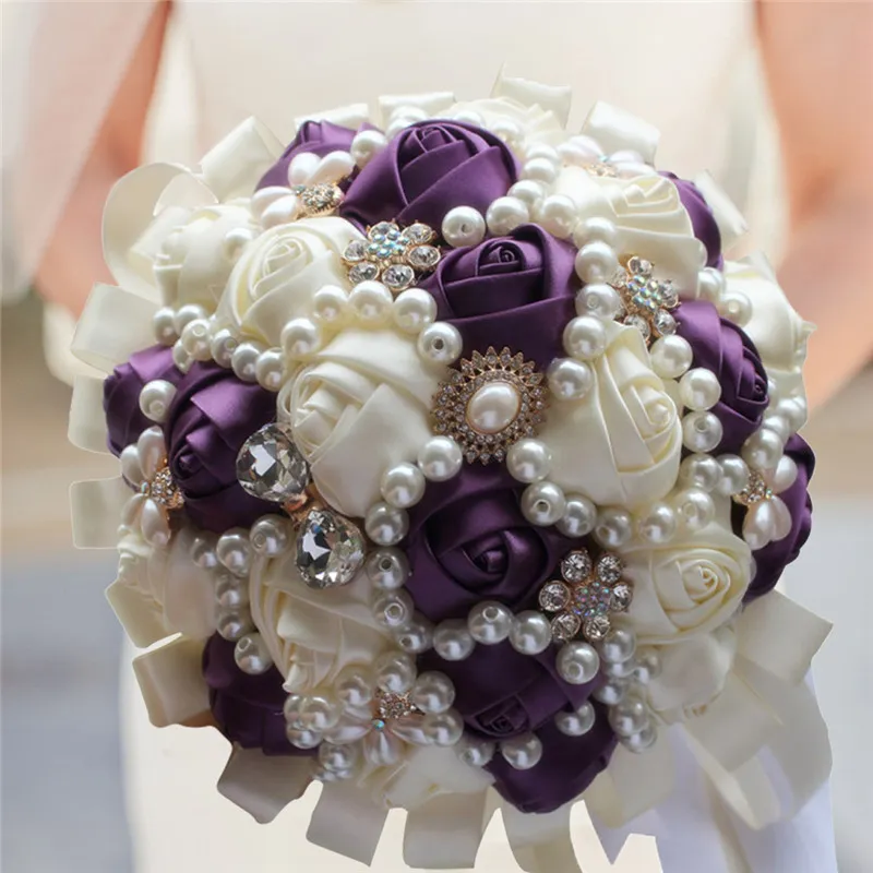 Ribbon Flower & Pearls Beaded Bridal Bouquet Bridesmaid Wedding Bouquets  Multiple Colors