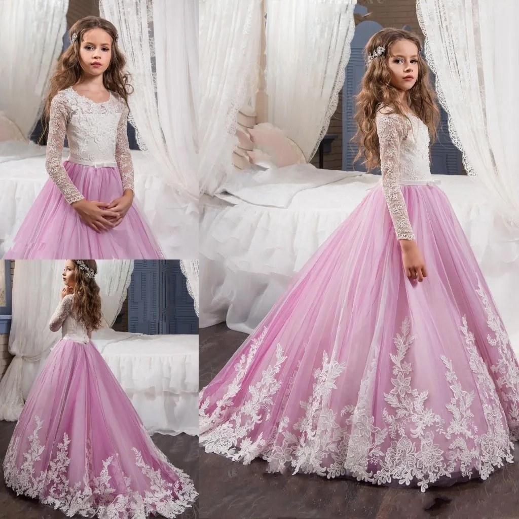 2023 New Pink Lovely Long Sleeves Flower Girl Dresses Princess Crew Necl Lace Bodice Appliques Belt Girl's Pageant Dresses 1046