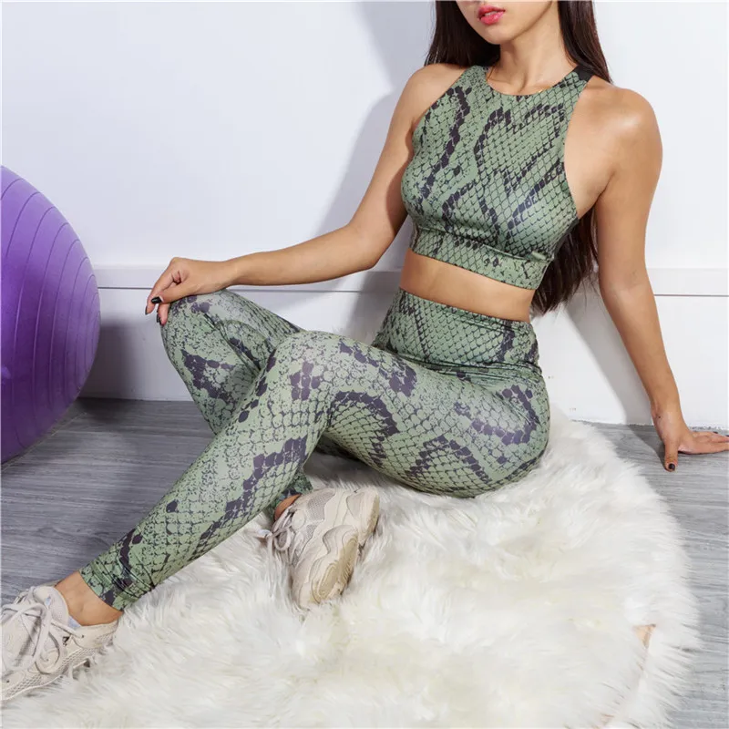 Animal Print Snake Skin 2 Piece Set Yoga Leggings Fitness Clothing Workout Bra Green Gym Tights Sports Active Wear Crop Top Sexy