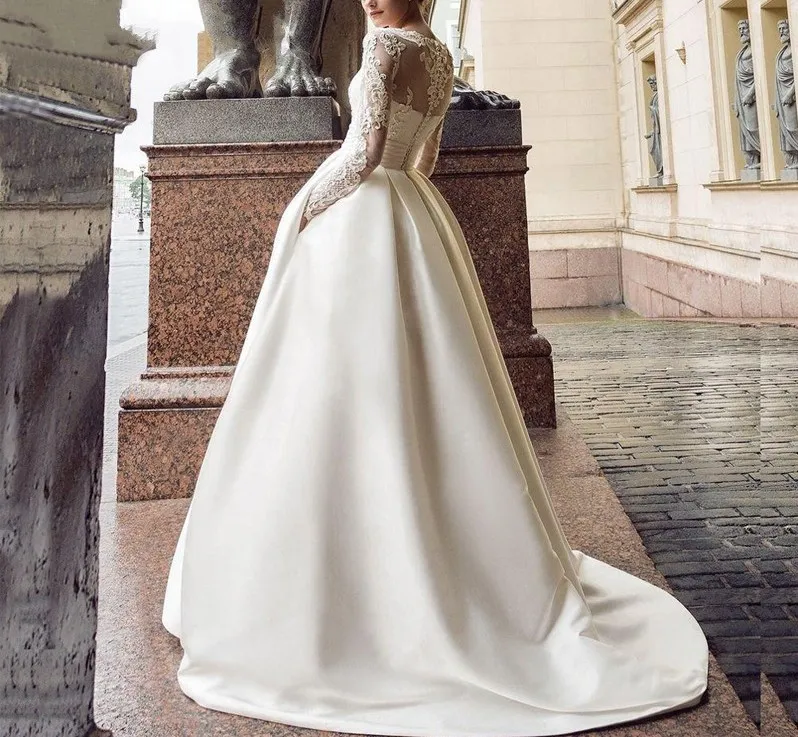 Abito da sposa a maniche lunghe modesto 2022Con tasche Abiti da sposa principessa pieghettati Bateau Abiti da sposa Abiti da sposa Vestido De N248h