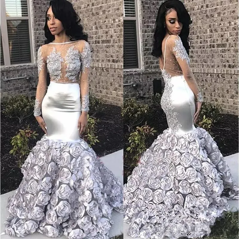 Gorgeous 3D Rose Flowers Mermaid Prom Dresses 2019 Sexy Appliqued Beads Sheer Bodice Evening Gowns Long Sleeve Red robes de soirée