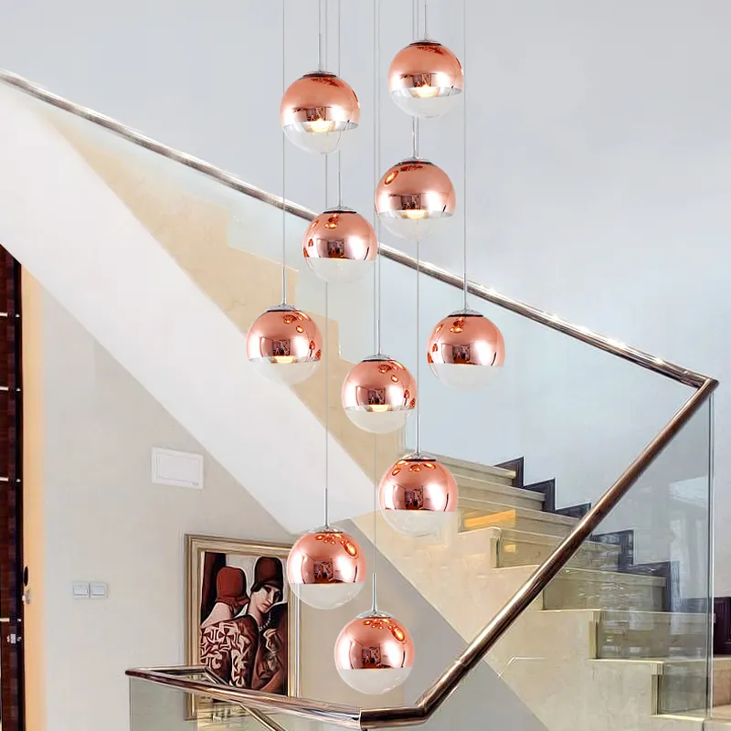 Glass Ball Pendant Lights Staircase Light Long Pendant Lights Modern Minimalistiska Luxury Creative LED Luster Hotel Stairwell Lamparas