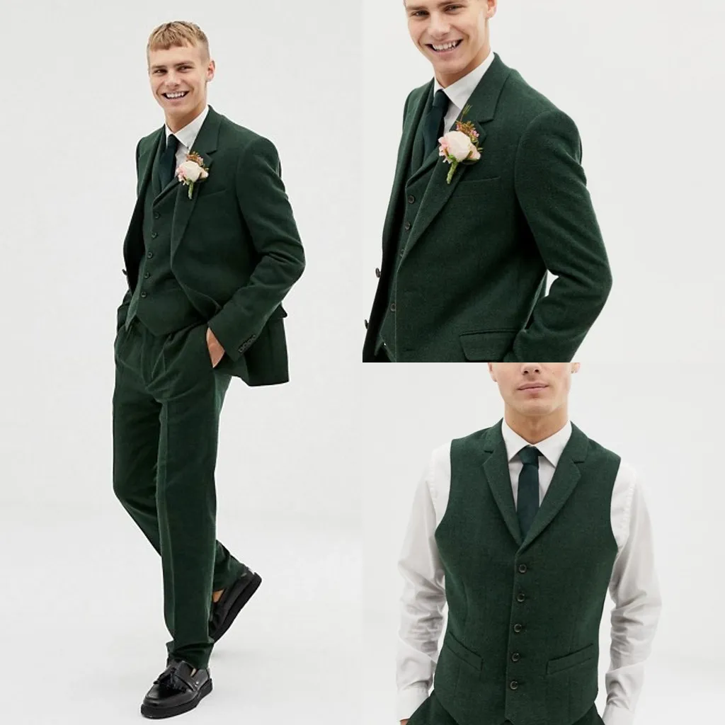 Mörkgrön Tweed Män Bröllop Tuxedos 3 stycken Två knapp Brudgumslitage Formell Prom Designer Blazer-kostymer (jacka + väst + byxor)