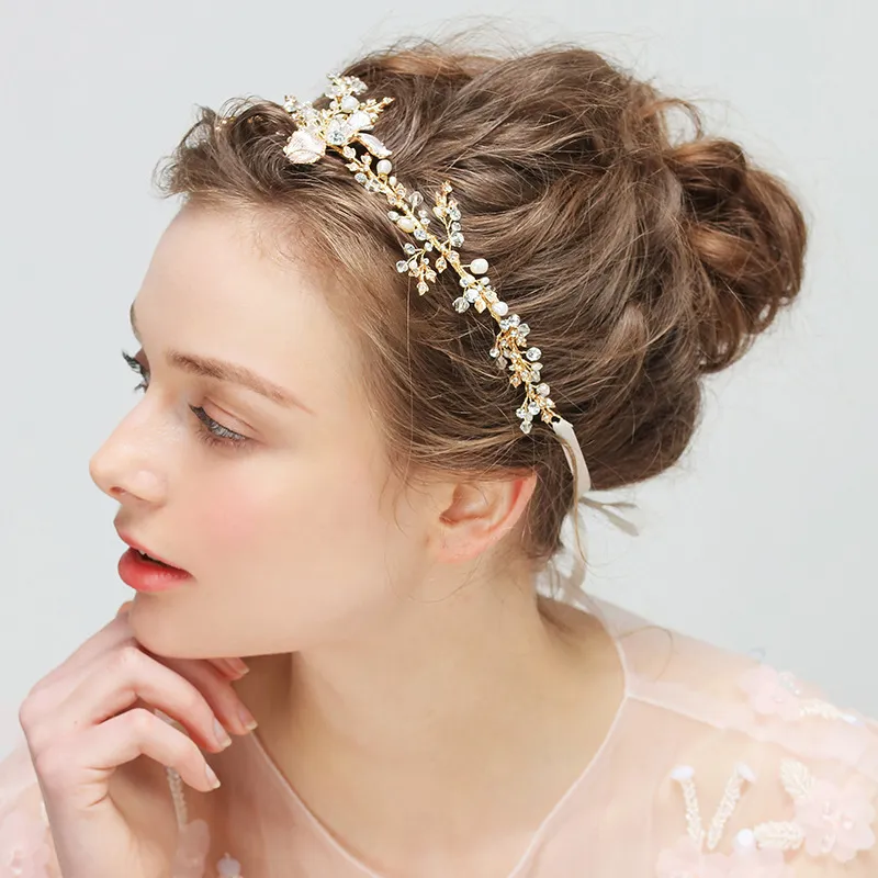 Mode- mariage diadème bandeau de mariée argent et or diadème bandeau avec perles strass casque mariée cheveux vignes X912