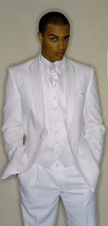 Tuxedos de marié en satin blanc à la mode, robe de mariée à deux boutons pour hommes, excellente veste pour homme, blazer, costume 3 pièces (veste + pantalon + gilet + cravate) 935