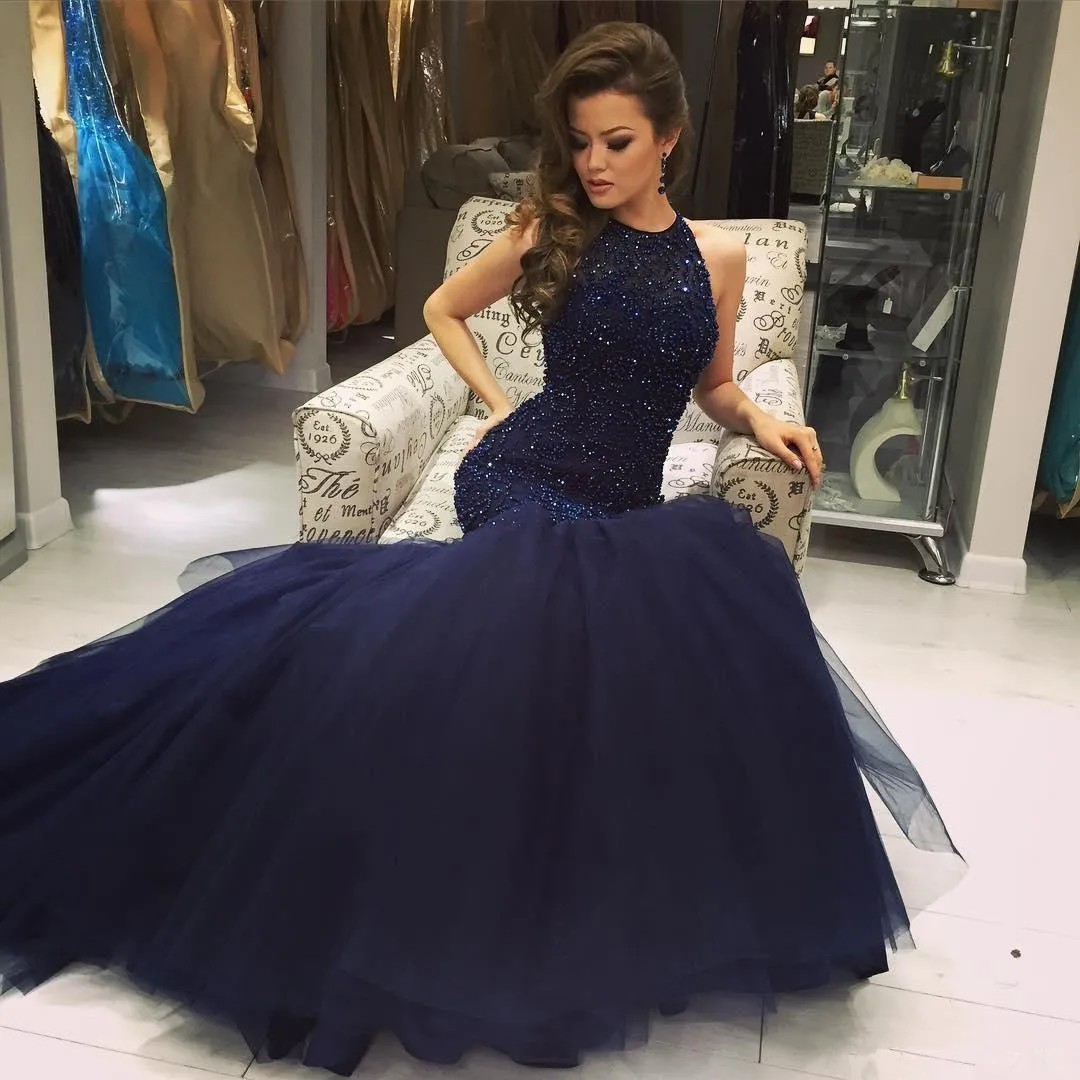 Fantastisk glänsande mörk marinblå sjöjungfru aftonklänningar 2019 Keyhole Neck -paljetter med Sexig öppen baksida Tulle Long Prom Dresses Vestidos 308H