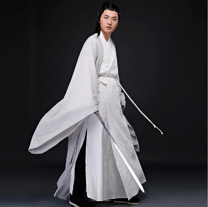 Mens Linen Cotton Asian Oriental Cosplay Costume With Sword, White