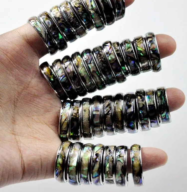wholesale 50Pcs 6mm abalone shell band stainless steel rings fashion jewelry summer ring for man women bulk lots