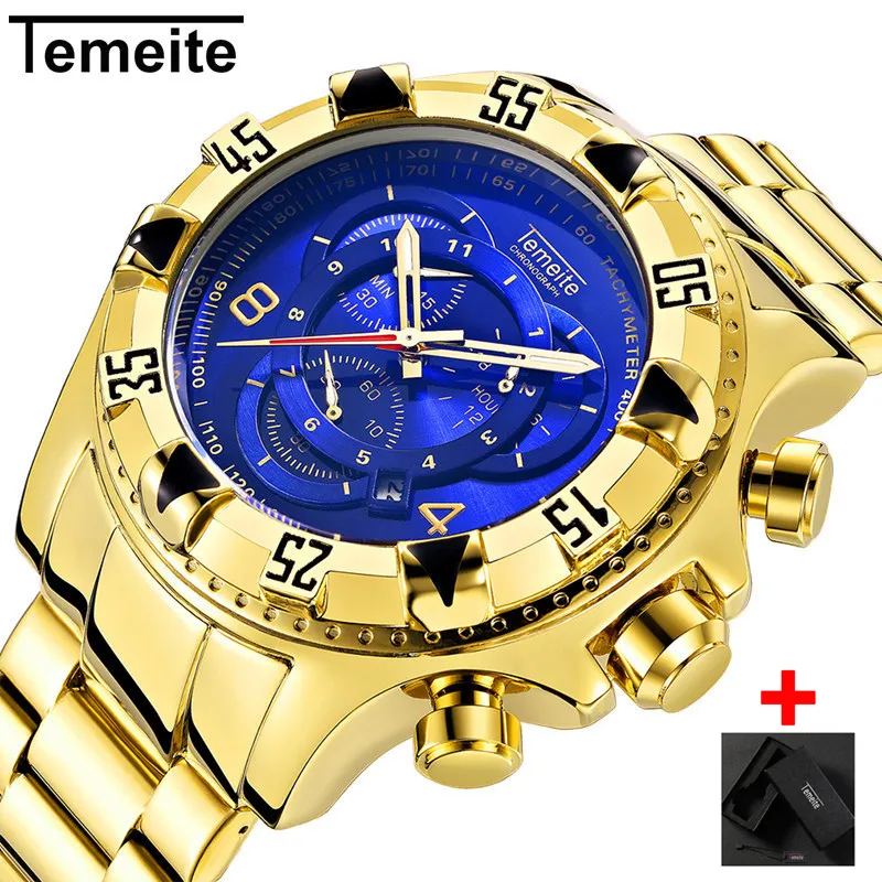 Dropshipping Temeite Erkekler İzle Chronograph Altın Iş Kuvars Saatler Erkekler Su Geçirmez Spor Askeri Erkek Saatı Ücretsiz