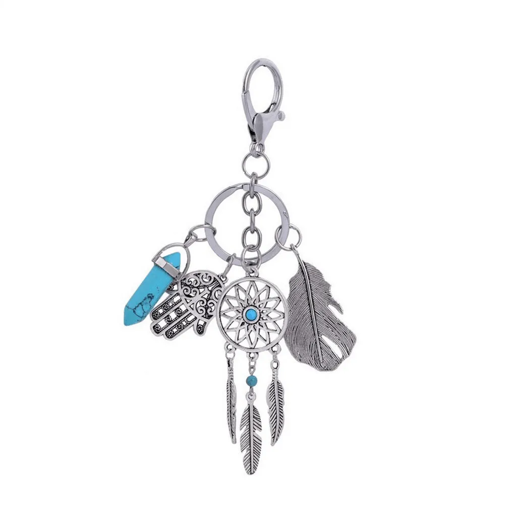 Dream Catcher Pluma Llavero Hamsa Mano Fátima Hexagonal Prisma Chakra Piedra Natural Cristal Colgante Llavero Retro Llavero Anillos Joyería