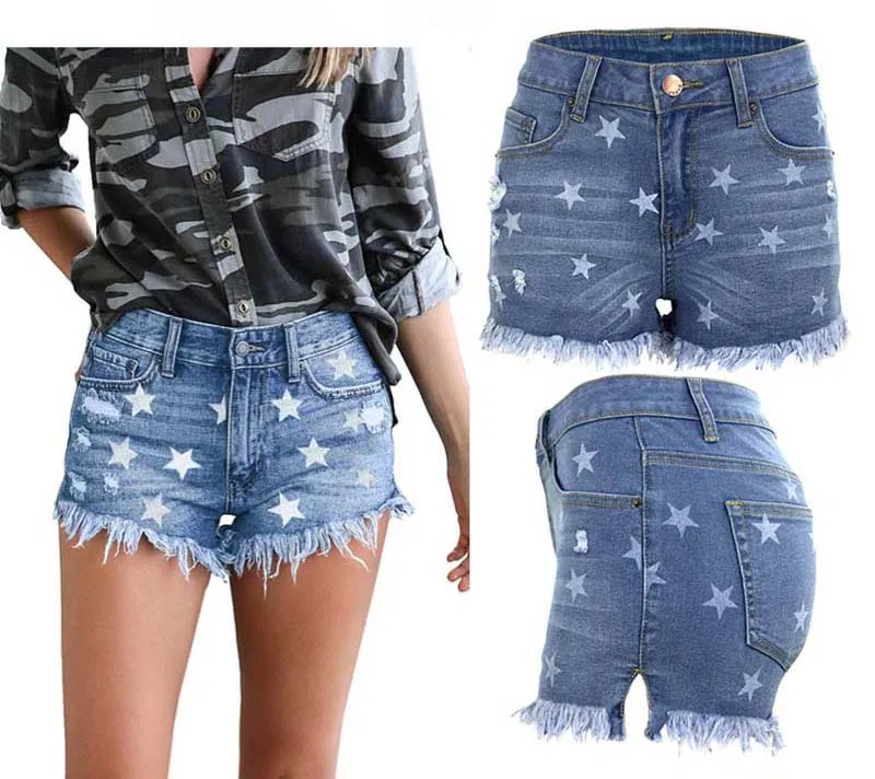 Vrouwen korte jeans verontrust patroon sexy medium taille denim korte broek kwastje skinny slanke broek nachtclubkleding gratis verzending