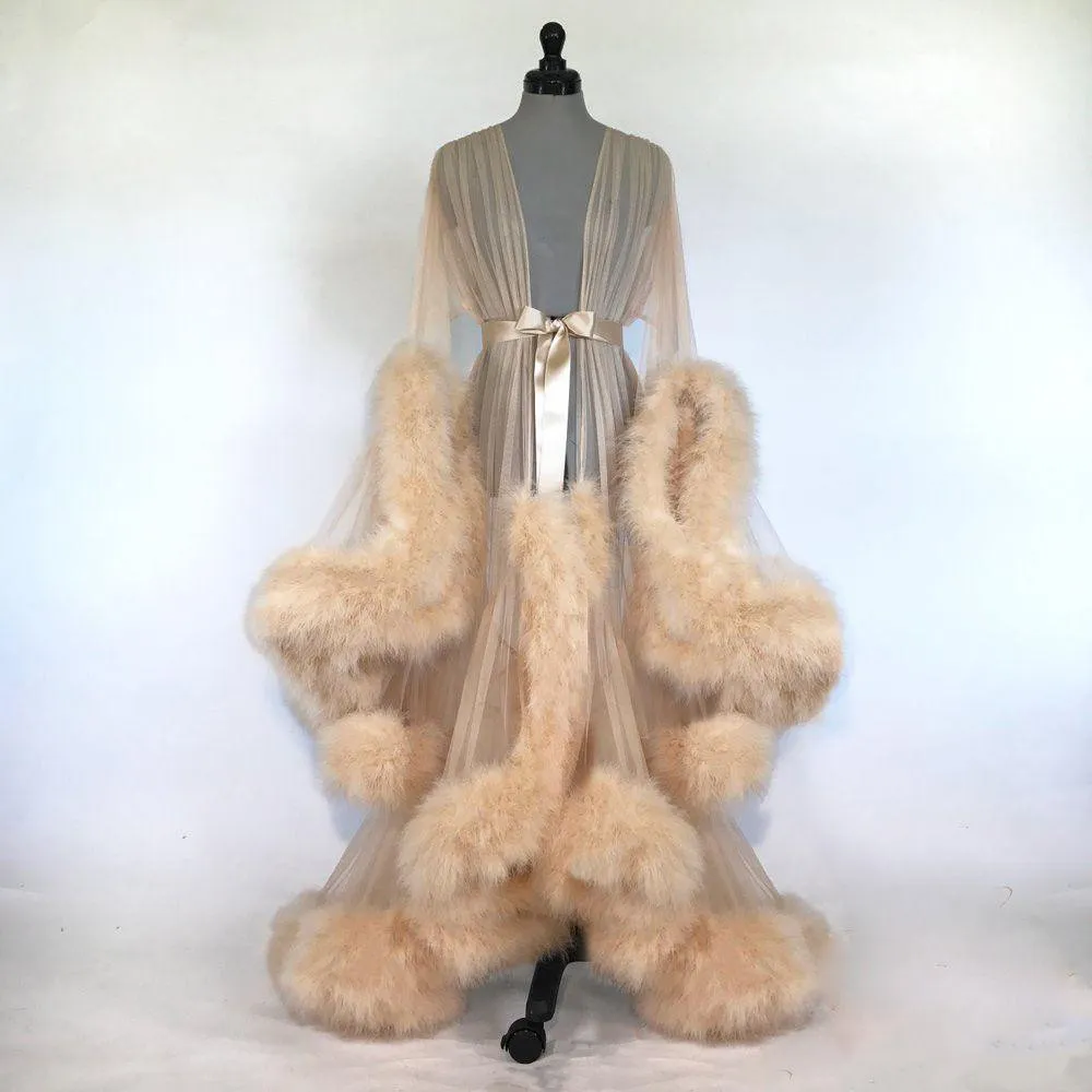 sheer dressing gown with fur trim HGps8w Women's Fur Trim Maxi Gown Kimono Robe Long Sleeve Belted Sheer Mesh  Wedding Bride Robe Nightgown Sleepwear at Amazon Women's Clothing store