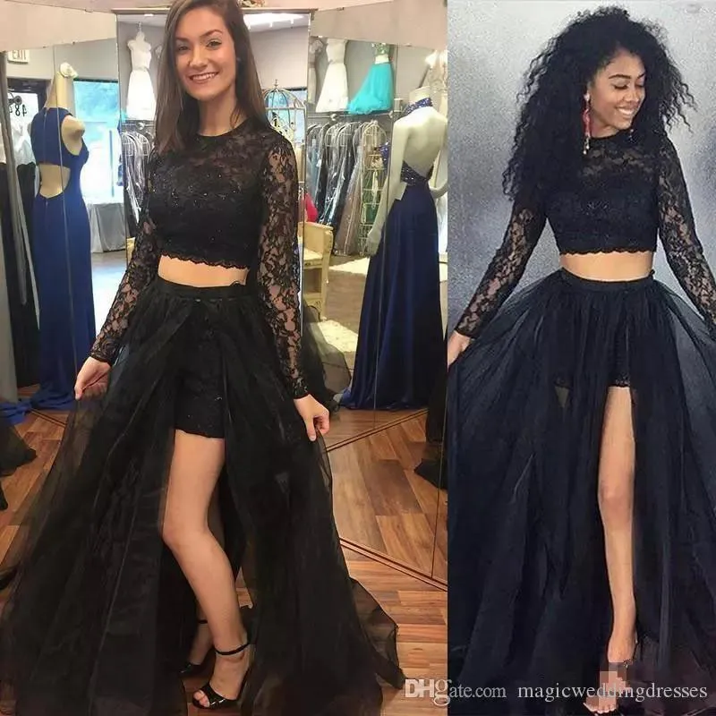 Sexy zweiteilige schwarze Spitze-Abschlussballkleider mit langen Ärmeln vorne geteiltes formelles Kleid Festzug-Abendkleider tragen Ogstuff Vestidos De Novia