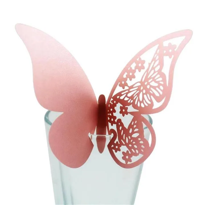 100 sztuk / partia Motyl Laser Cut Papier Place Karta Escort Cup Card Wine Glass Card na Wesele Party Decoration