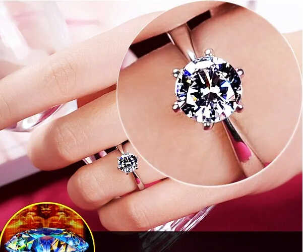 Bague de mariage en diamant de cristal d'Autriche de couleur argent à six griffes de styliste classique pour cadeau de Noël de mariée pour femmes, bague de fiançailles, bijoux