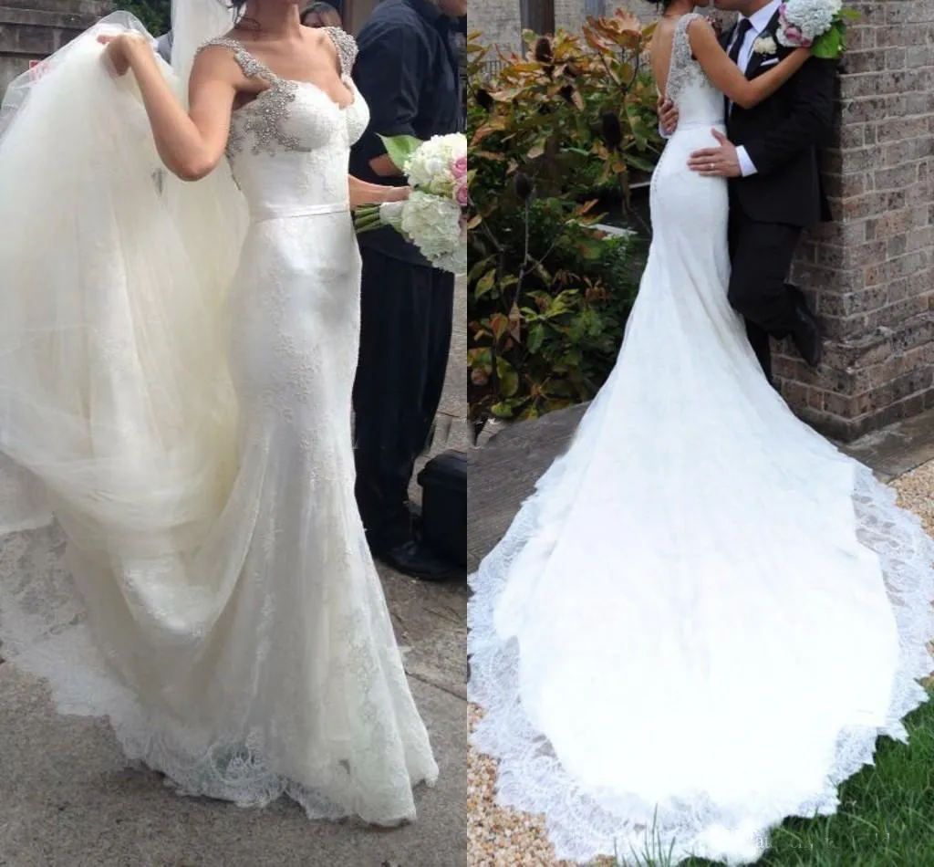 2019 robes de mariée sirène en dentelle rétro spaghetti dos nu balayage train perles de cristal jardin pays plage robes de mariée vestido de novia