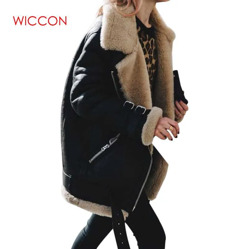Venda Por Atacado-inverno camurça jaqueta de couro mulheres lambswool casacos quentes feminino manga longa espessa cordeiro lã de lã casaco de moto casaco