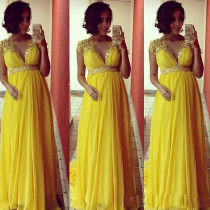 Yellow Chiffon Long Evening Dress with Short Sleeves and V-Neck Lace Maternity  Gown with Beads and Crystal Embellishments from Dhgate Evening Dresses