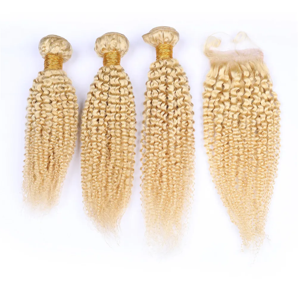 Ryska blonda Virgin Human Hair 3bundles med stängning 4PCS Lot Kinky Curly # 613 Blonde vävtillägg med 4x4 spets stängning