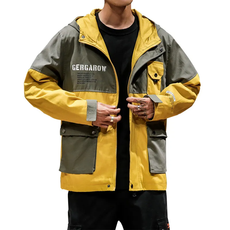 Mens Jackets Winter Autumn Fashion Casual New Hooded Jacket Pocket Design Loose Windbreaker Khaki Yellow Large Size M-5XL